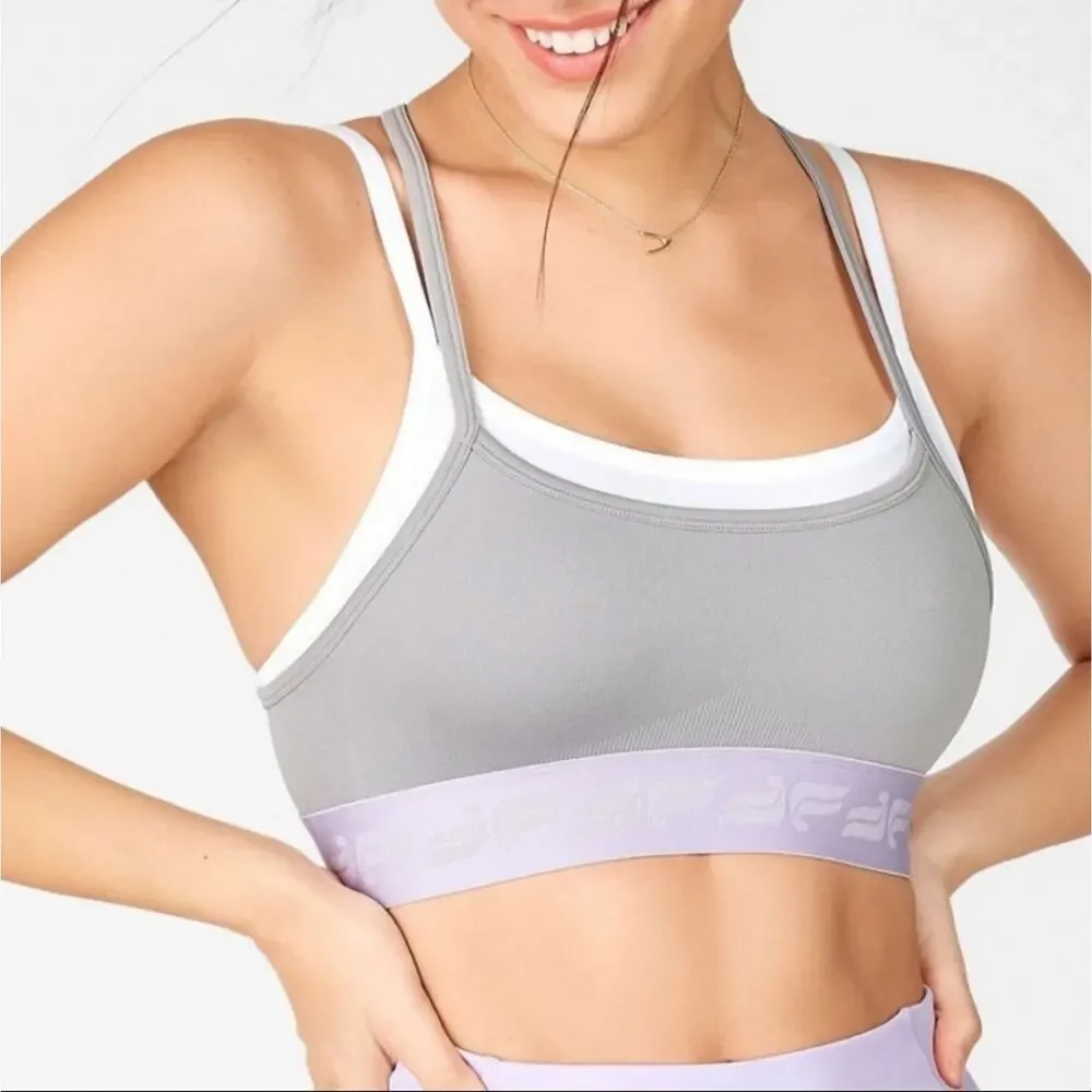 XS Fabletics layered strappy gray white & lavender athletic sports bra